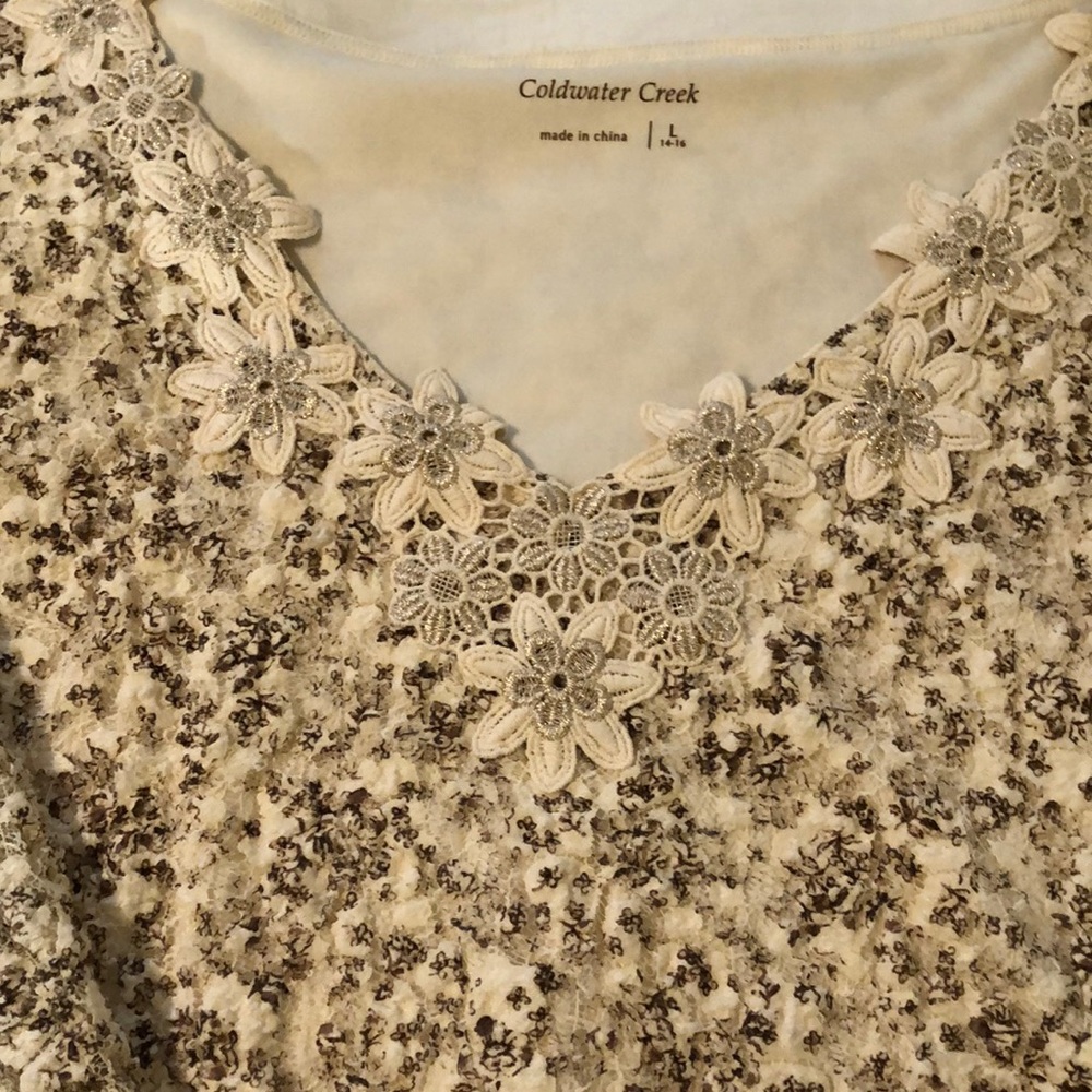 Coldwater Creek lace overlay Holiday top, size L, metallic applique